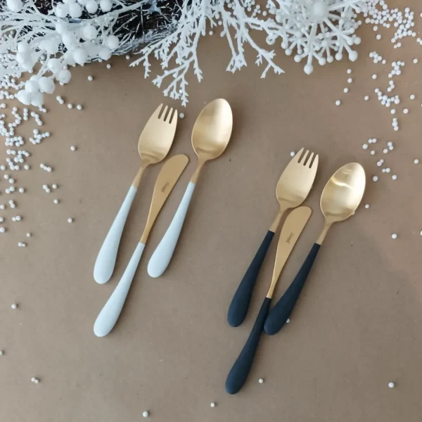 Alice Cutlery Set, 3 Pieces by Cutipol - Matte Gold, White & Black - Orpheu Decor