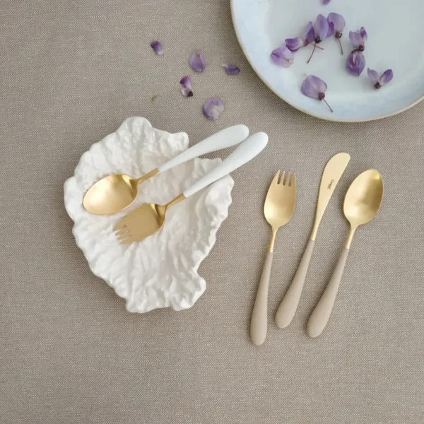Alice Cutlery Set, 3 Pieces by Cutipol - Matte Gold, White & Ivory - Orpheu Decor