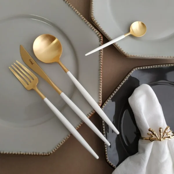 Goa Cutlery Set, 24 Pieces by Cutipol - Matte Gold, White - GO.006-WGB - Orpheu Decor