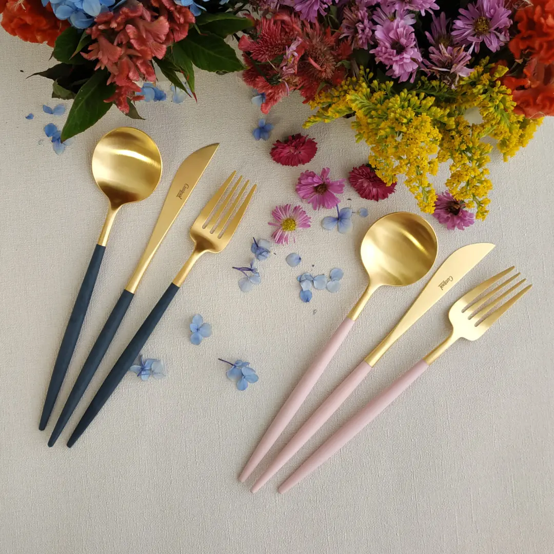 Goa Cutlery Set, 3 Pieces by Cutipol - Matte Gold, Blue & Pink - Orpheu Decor
