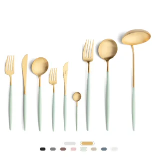 Goa Cutlery Set, 75 Pieces by Cutipol - Matte Gold, Celadon