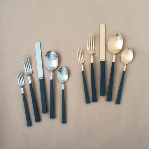 Kube Cutlery Set, 5 Pieces by Cutipol - Matte & Matte Gold, Black - Orpheu Decor
