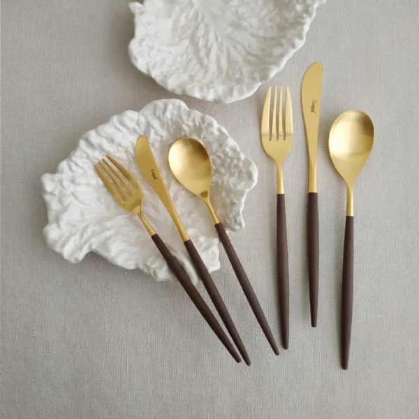 Mio Cutlery Set, 3 Pieces by Cutipol - Matte Gold, Brown - MI.3 BGB - Orpheu Decor