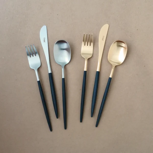 Nau Cutlery Set, 24 Pieces by Cutipol - Matte & Matte Gold, Black - Orpheu Decor