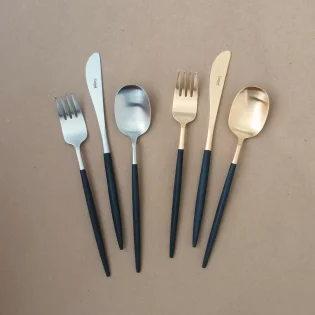 Nau Cutlery Set, 3 Pieces by Cutipol - Matte & Matte Gold, Black - Orpheu Decor