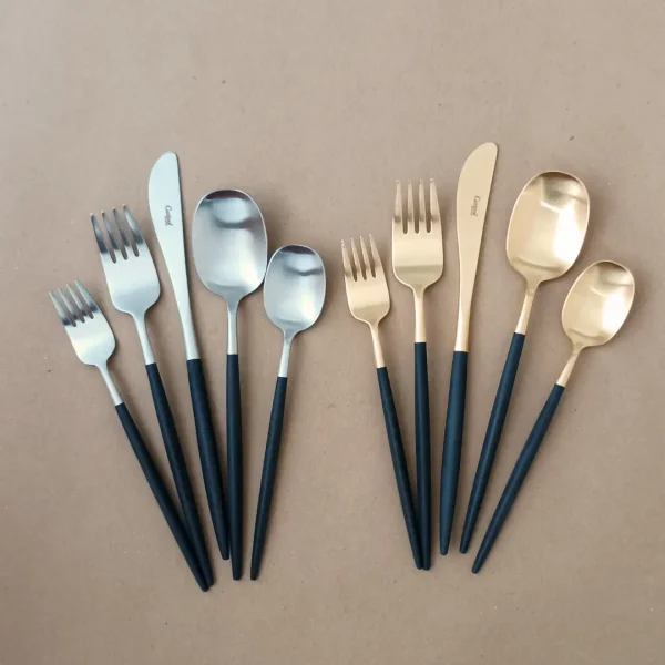 Nau Cutlery Set, 5 Pieces by Cutipol - Matte & Matte Gold, Black - Orpheu Decor